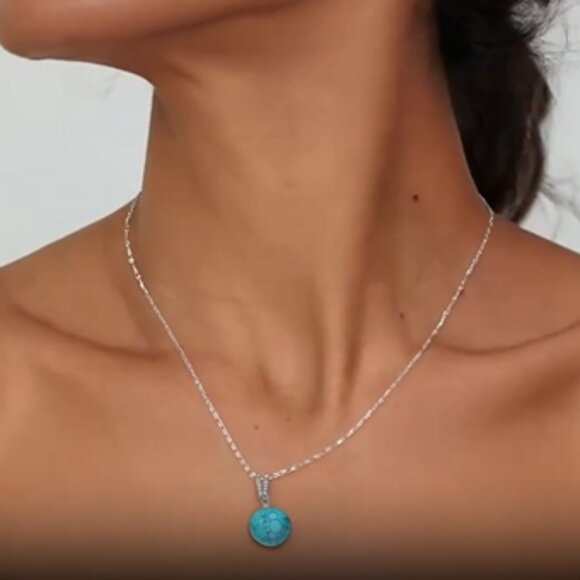 NWT GENUINE TURQUOISE 925 STERLING SILVER NECKLACE WITH CUBIC ZIRCONIA - Picture 1 of 6